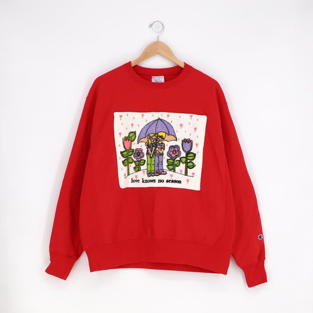 Upcycled Reworked Valentine's Day Vintage Towel Applique Red Sweatshirt  Size L